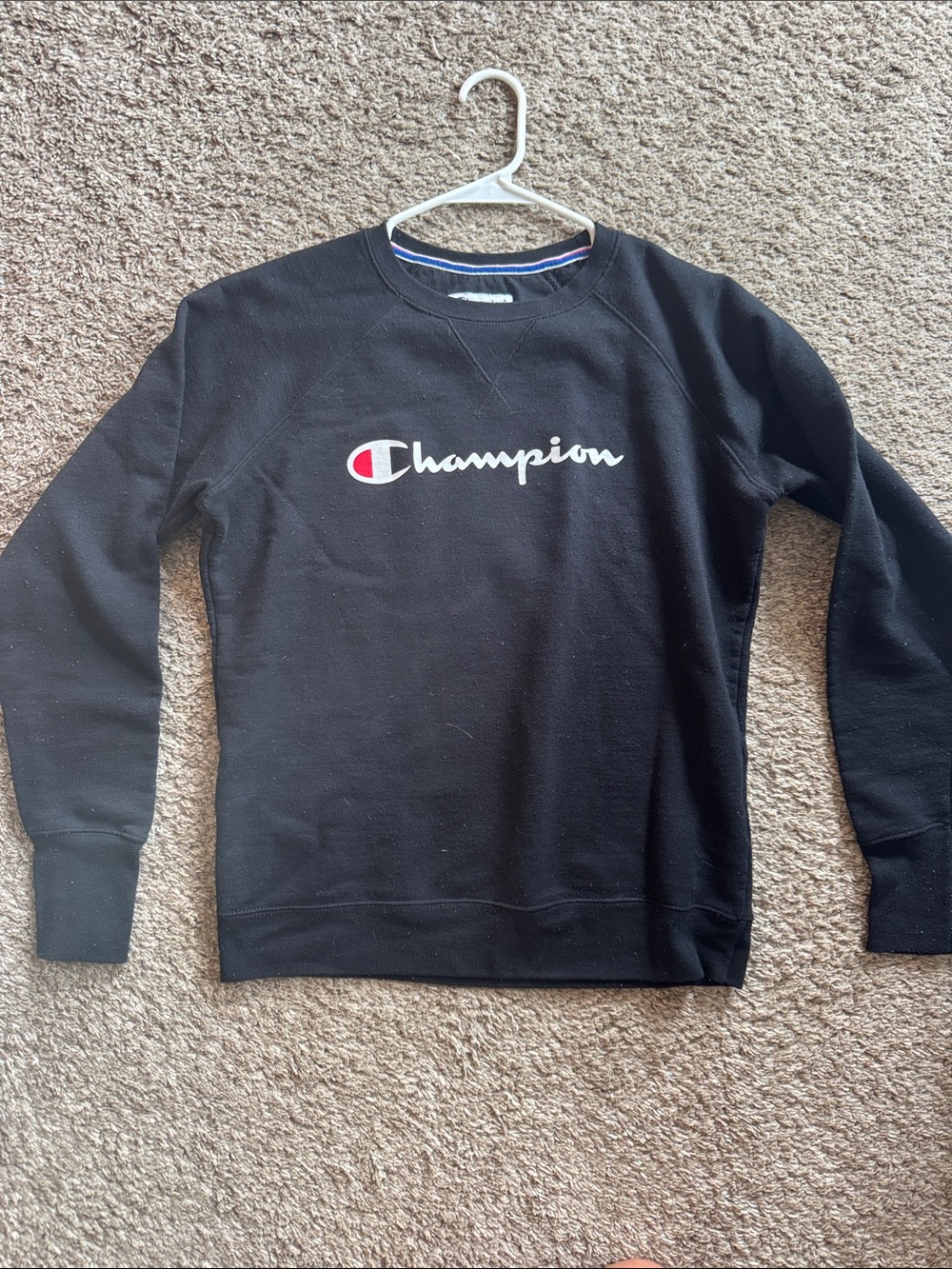 Champion Black Crewneck Sweatshirt with White Logo and Red Accent